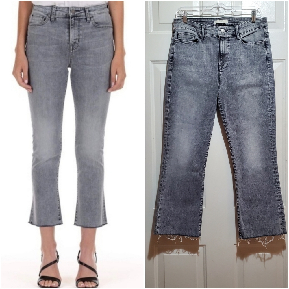 Fidelity Denim Juniper Crop Flare Washed Gray Raw Frayed Hem Stretch Jea…